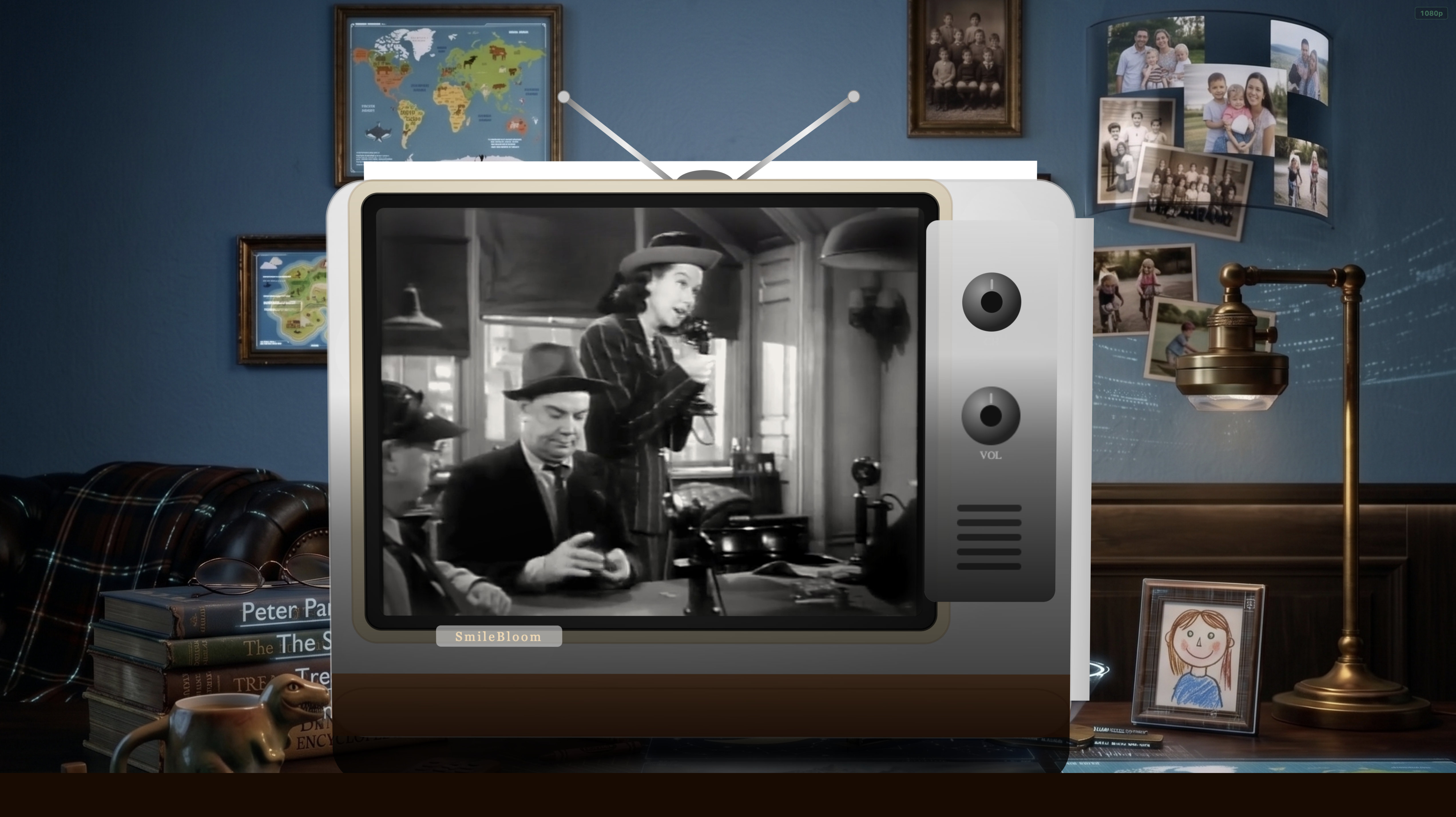 SmileBloom TV Classic Channel — retro 1940s TV skin playing a black and white film